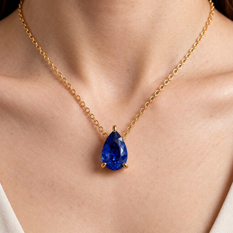 Pear Cut Lab Grown Sapphire Solitaire Pendant - Image 5