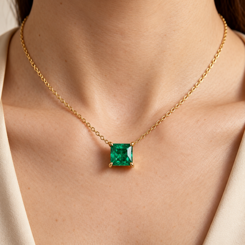 Princess Cut Lab Grown Emerald Solitaire Pendant - Image 5