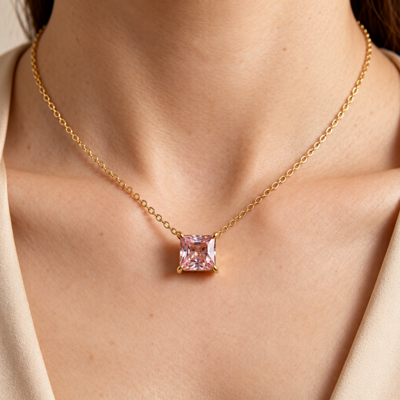 Princess Cut Lab Grown Morganite Solitaire Pendant - Image 5