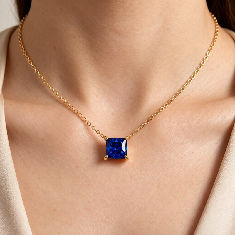 Princess Cut Lab Grown Sapphire Solitaire Pendant - Image 5