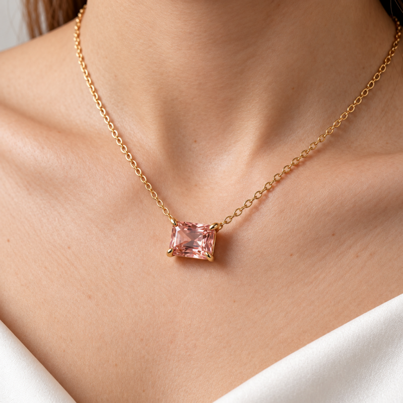Radiant Cut Lab Grown Morganite Solitaire Pendant - Image 5