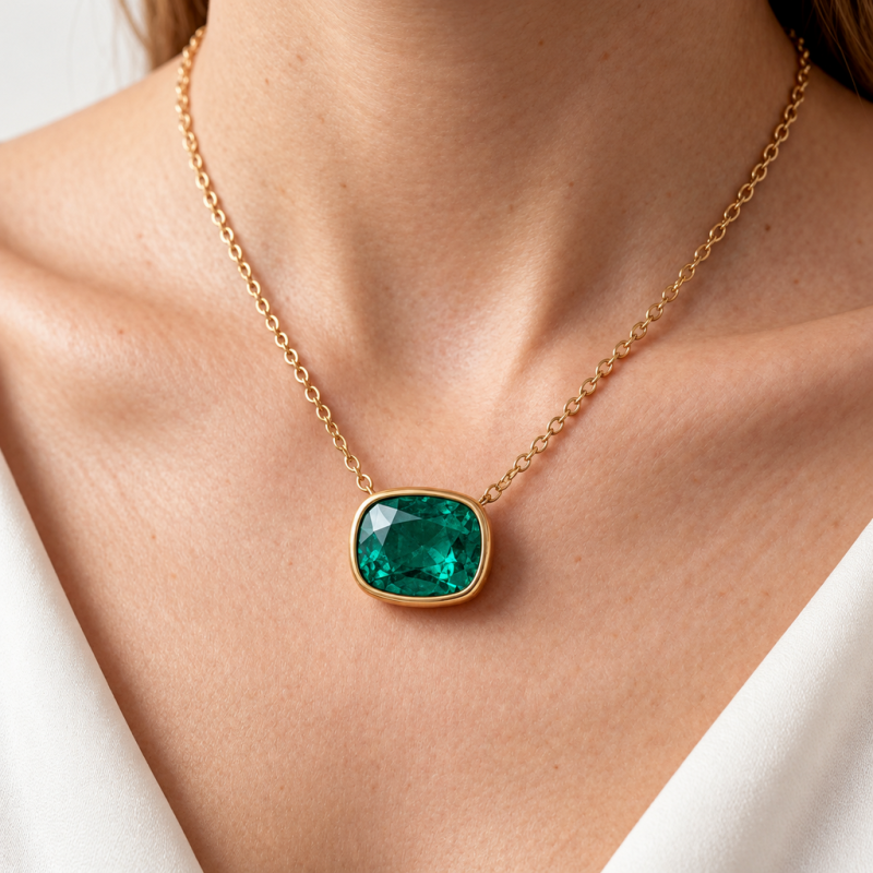 Elongated Cushion Cut Lab Grown Emerald Solitaire Pendant - Image 5