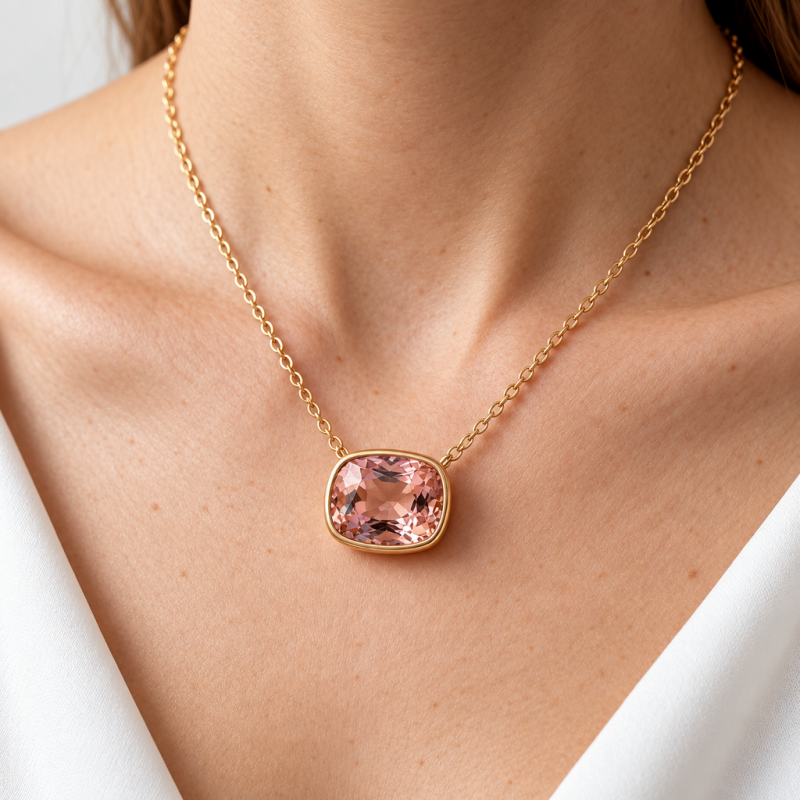 Elongated Cushion Cut Lab Grown Morganite Solitaire Pendant - Image 5