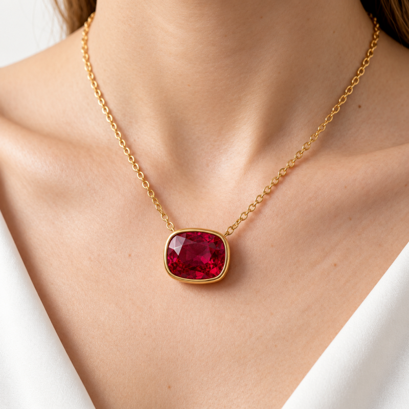 Elongated Cushion Cut Lab Grown Ruby Solitaire Pendant - Image 5