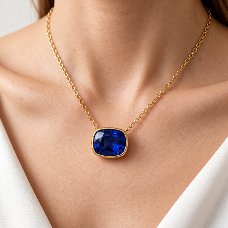 Elongated Cushion Cut Lab Grown Sapphire Solitaire Pendant - Image 5