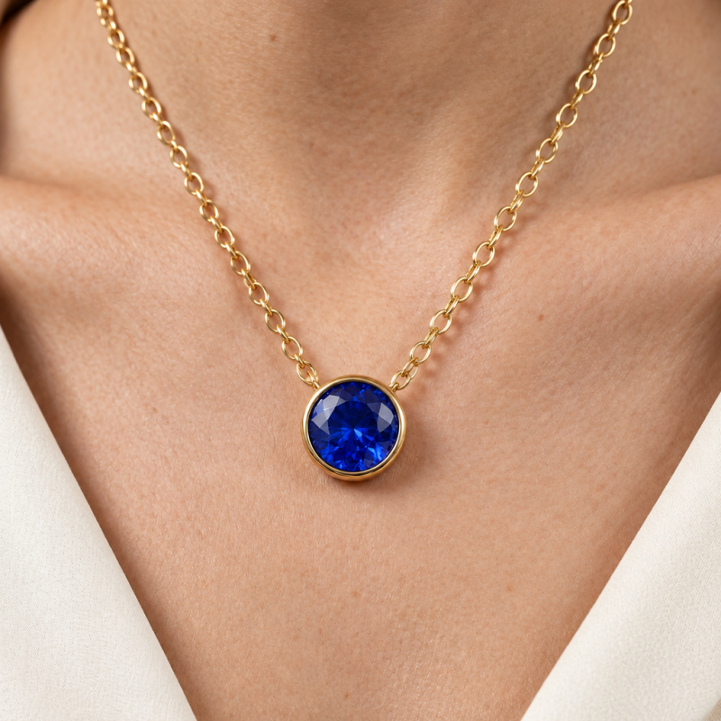 Round Cut Lab Grown Sapphire Solitaire Pendant - Image 5