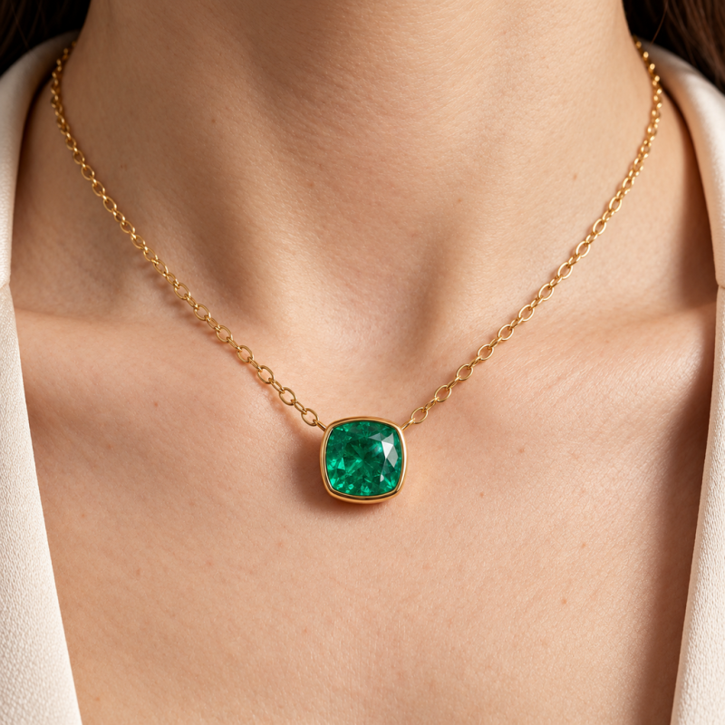 Cushion Cut Lab Grown Emerald Solitaire Pendant - Image 5