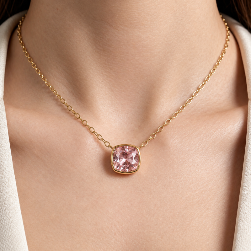 Cushion Cut Lab Grown Morganite Solitaire Pendant - Image 5