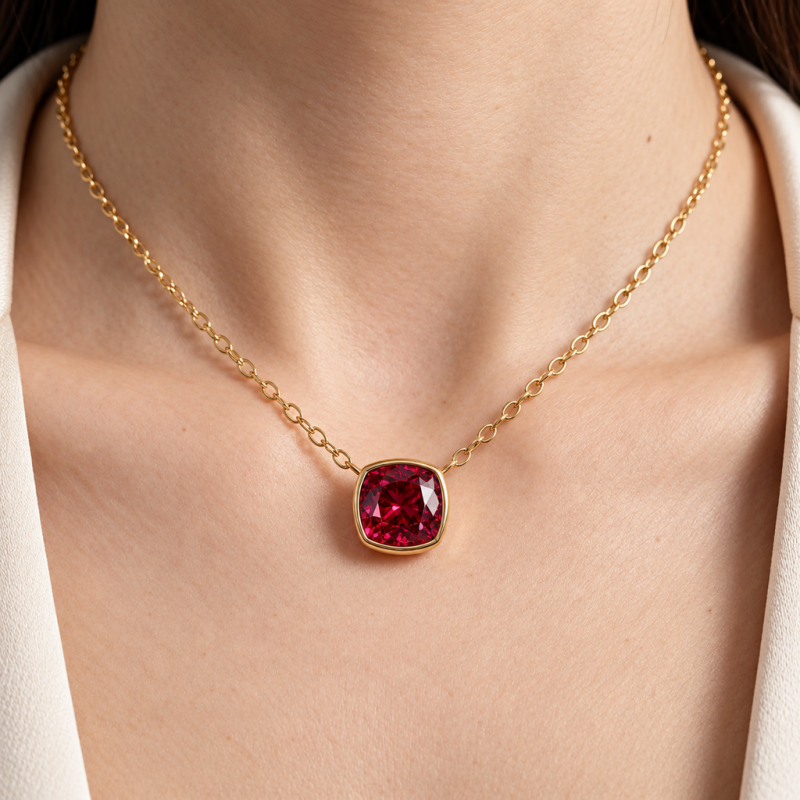 Cushion Cut Lab Grown Ruby Solitaire Pendant - Image 5