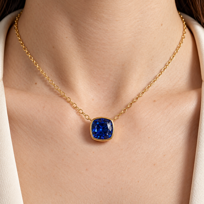 Cushion Cut Lab Grown Sapphire Solitaire Pendant - Image 5