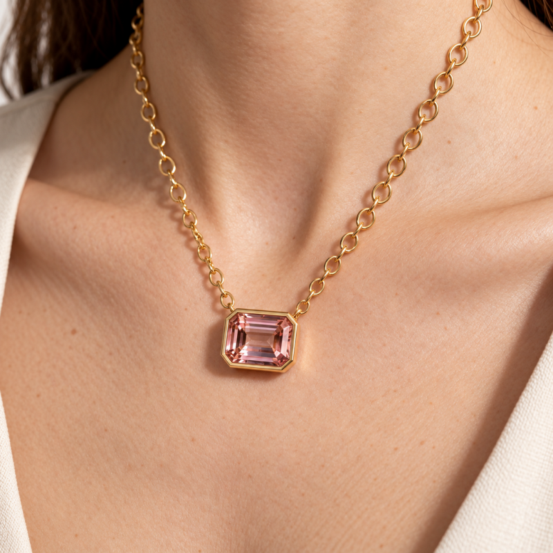 Emerald Cut Lab Grown Morganite Solitaire Pendant - Image 5
