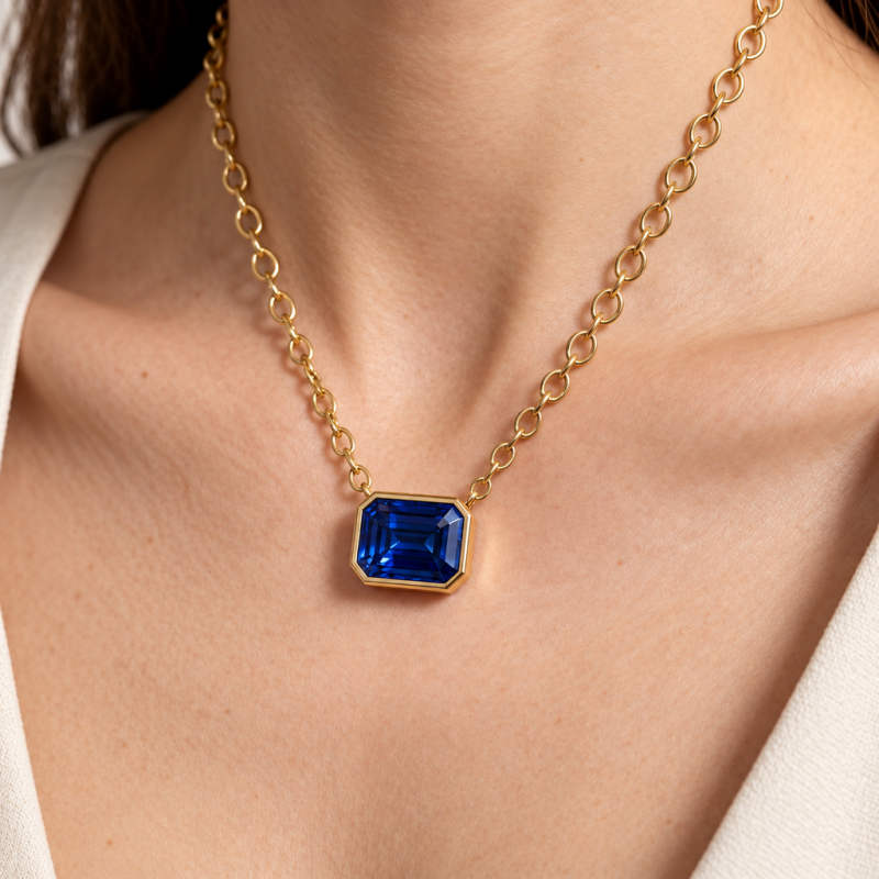 Emerald Cut Lab Grown Sapphire Solitaire Pendant - Image 5