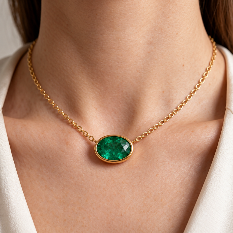 Oval Cut Lab Grown Emerald Solitaire Pendant - Image 5