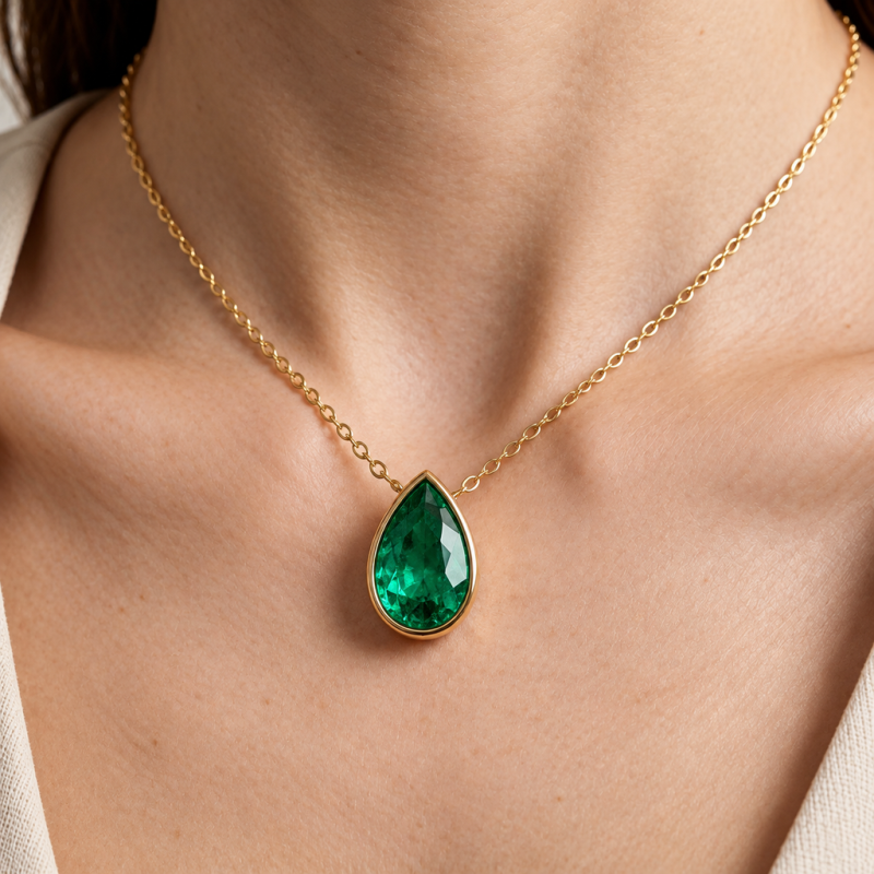 Pear Cut Lab Grown Emerald Solitaire Pendant - Image 5