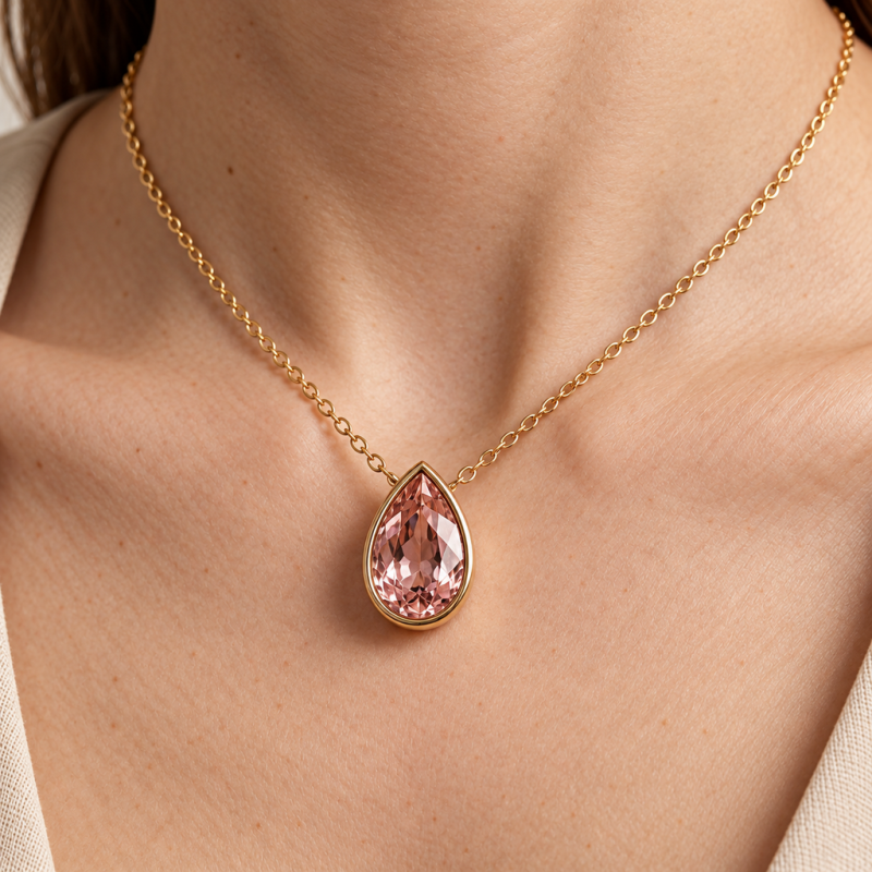 Pear Cut Lab Grown Morganite Solitaire Pendant - Image 5