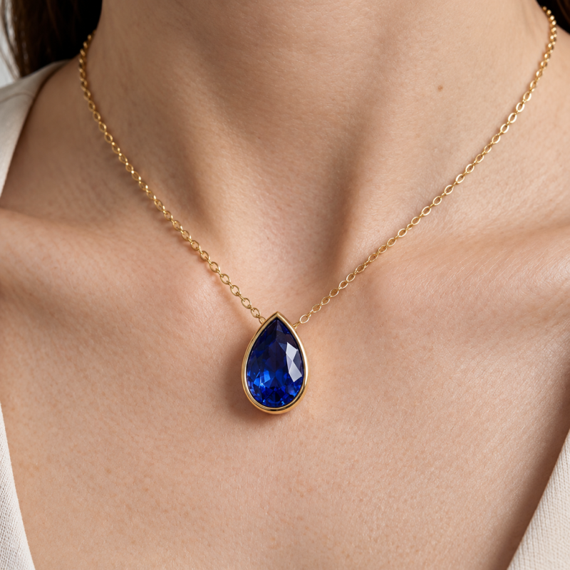 Pear Cut Lab Grown Sapphire Solitaire Pendant - Image 5