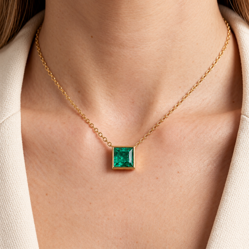 Princess Cut Lab Grown Emerald Solitaire Pendant - Image 5