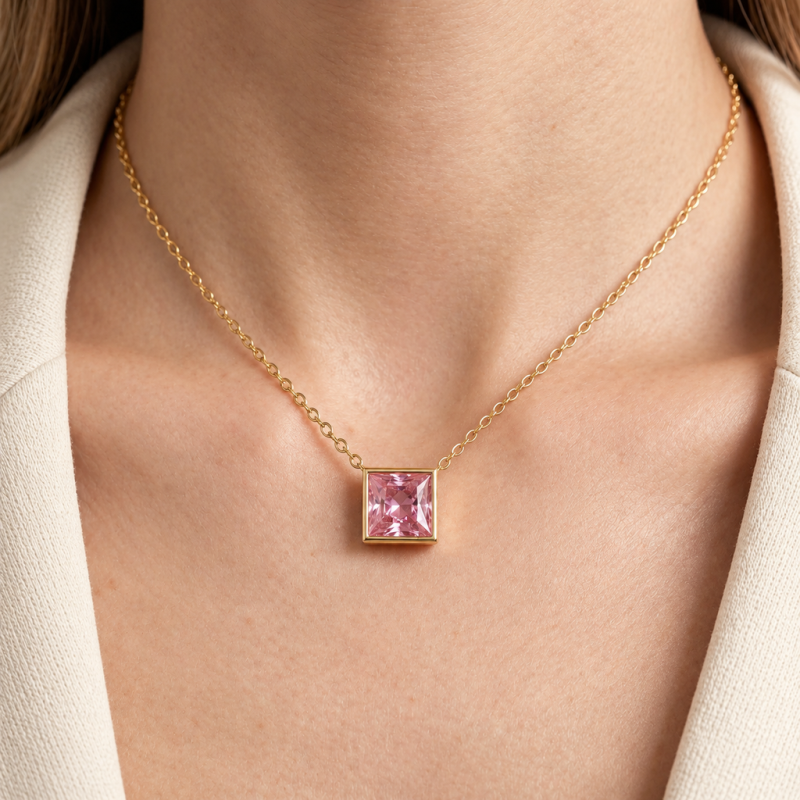 Princess Cut Lab Grown Morganite Solitaire Pendant - Image 5