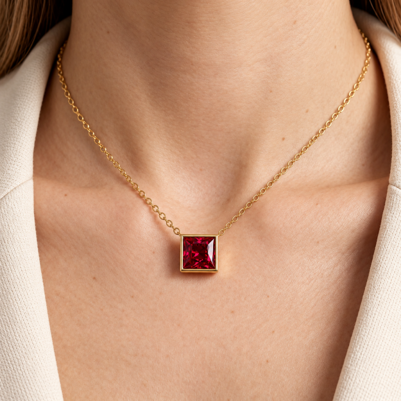Princess Cut Lab Grown Ruby Solitaire Pendant - Image 5